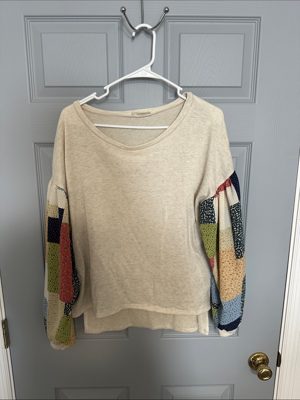 ADORA Cream Knit Top with Multicolor Patchwork Balloon Sleeves